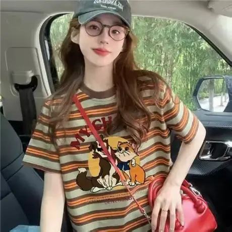 美式设计感条纹印花T恤女2025夏季爆款宽松百搭小众减龄短袖上衣商品大图