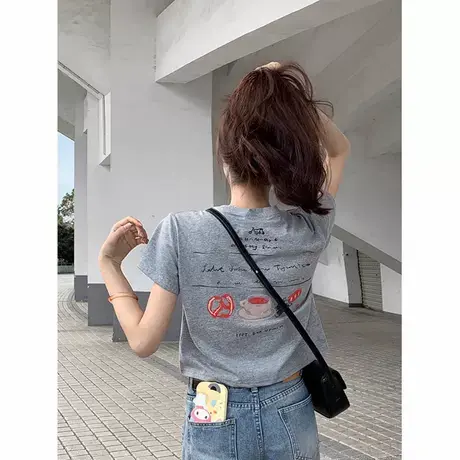 休闲灰色正肩纯棉短袖T恤女夏季2025新款印花修身显瘦短款上衣服商品大图