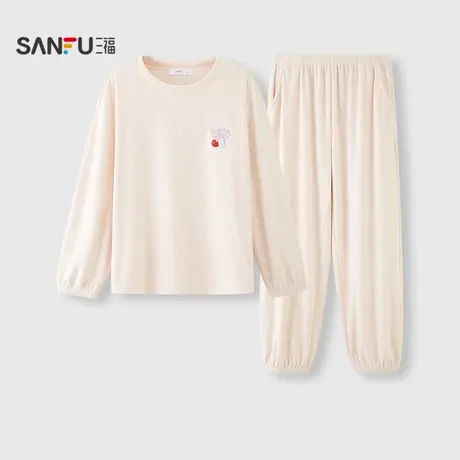 三福女冬季樱桃刺绣抗静电海岛绒睡衣套装 柔软长袖家居服507846商品大图