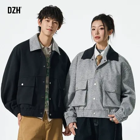 情侣美式翻领毛呢保暖外套男2025新款情侣装早秋穿搭纯色上衣潮牌商品大图