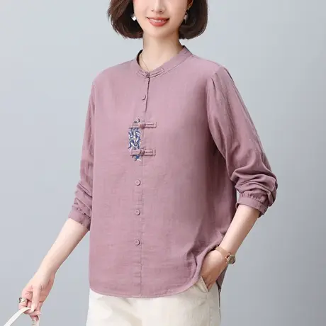 妈妈春秋季长袖衬衫女宽松加肥加大码女装新中式洋气纯棉休闲上衣商品大图