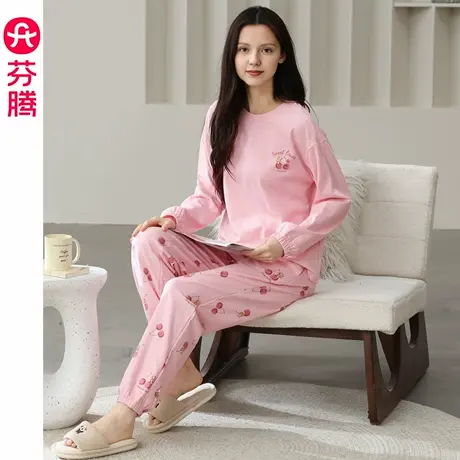 芬腾春秋季睡衣女纯棉长袖圆领套装女款休闲大码可外穿全棉家居服商品大图