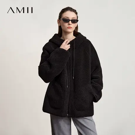 Amii2025秋新款极简纯色轻奢宽松中长连帽拉链两面穿皮草外套女商品大图