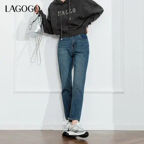 LAGOGO弹力舒适牛仔裤女拉谷谷2024年春秋新款设计感剪边铅笔裤商品大图