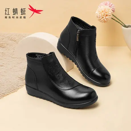 红蜻蜓女士2025冬季新款加绒保暖真皮棉鞋软底防滑中老年人妈妈鞋图片