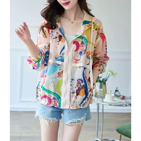 宝诗黎连帽印花防晒衣女新款2023夏季长袖拉链开衫宽松时尚薄外套商品大图