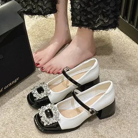 法式粗跟小香风气质单鞋女浅口一字扣玛丽珍高跟鞋配裙子中跟漆皮商品大图