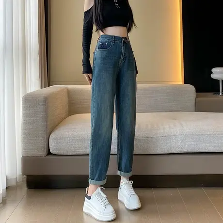 复古蓝高腰哈伦牛仔裤女2023年新款秋季后松紧腰宽松显瘦老爹裤子商品大图