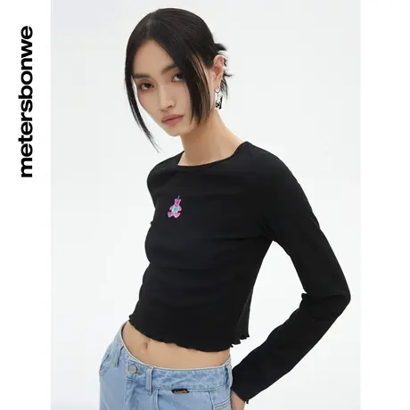 国货美特斯邦威T恤女春夏撞色线迹修身圆领长袖简约高弹套头衫图片