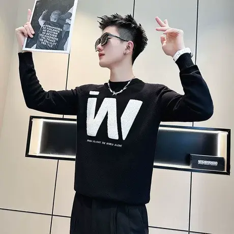 秋冬季韩版休闲W字母套头毛衣男发型师个性打底针织衫上衣INS体恤商品大图