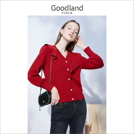 起球-音儿美地女装2022冬新款荷叶边装饰拼接单排扣针织衫商品大图