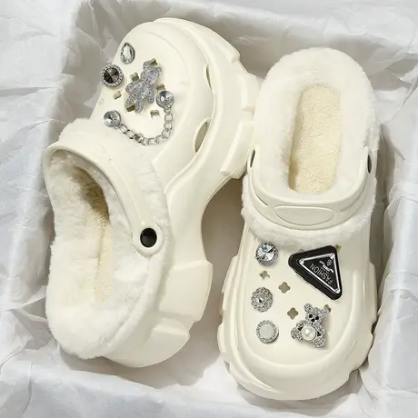 加绒洞洞鞋女款冬季2023新款厚底增高毛毛棉拖鞋外穿保暖女士冬天商品大图