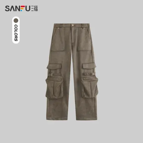 三福2023冬男士多口袋工装麂皮休闲裤 街头宽松直筒长裤477984商品大图