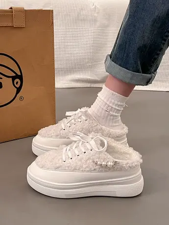 毛毛鞋加绒厚底休闲包头半拖鞋女外穿2023冬季新款内增高懒人拖鞋图片