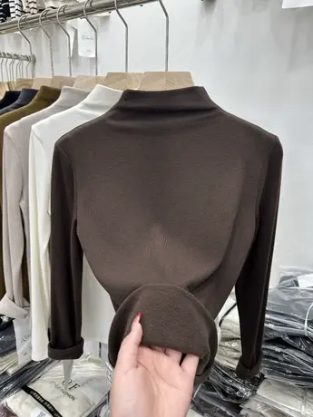 欧货气质半高领加薄绒磨毛长袖T恤女2023秋冬新款内搭打底衫上衣图片