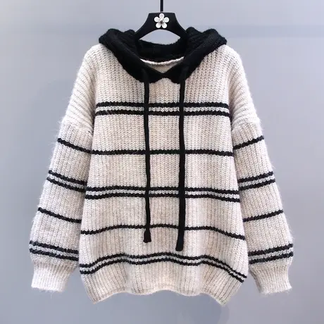 复古撞色条纹连帽毛衣外套女秋冬2023新款宽松慵懒风加厚针织上衣商品大图