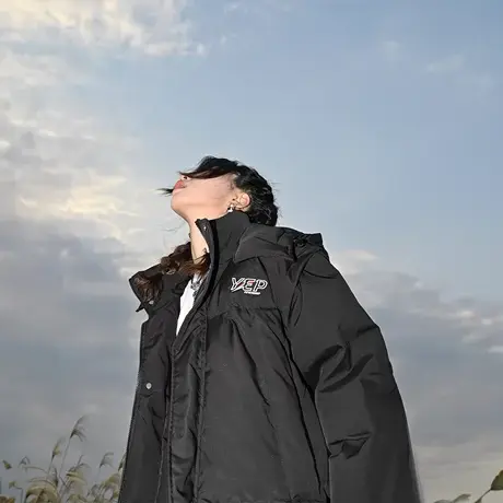 YEP黑色连帽棉服女加厚冬季外套2023新款派克服工装棉衣马甲可拆商品大图