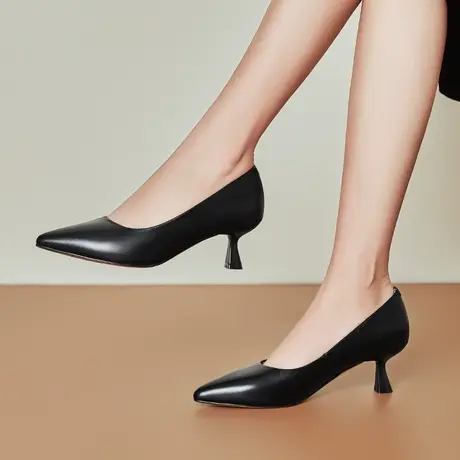 里外真皮尖头浅口单鞋女细跟气质高跟鞋头层牛皮通勤百搭工作女鞋图片