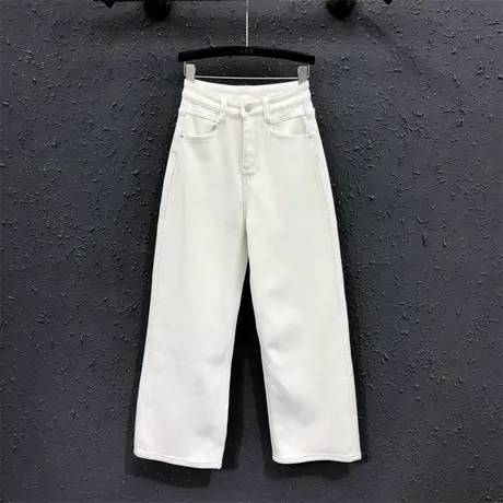2023秋冬新款白色简约设计感高腰小众百搭加绒加厚牛仔直筒长裤女图片