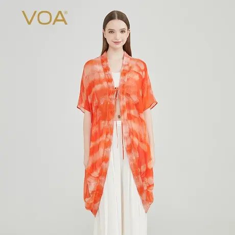 VOA真丝印花乔其橘红连肩袖塔克褶系带门襟国风宽松短袖外套图片