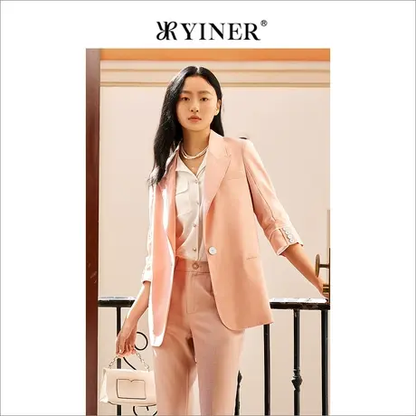 YINER音儿女装春季时尚通勤一粒扣粉色西装领短外套商品大图
