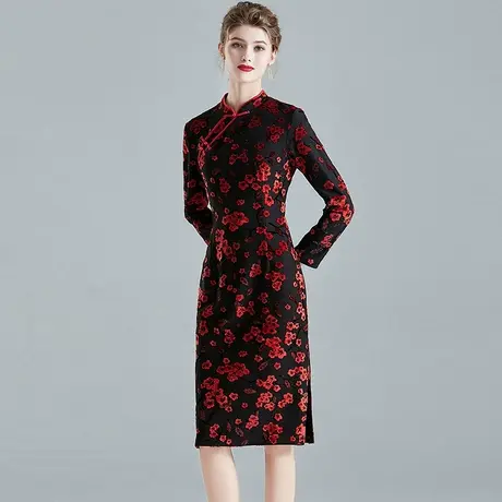 水墨青华冬季新品修身一步裙简约收腰显瘦优雅针织提花连衣裙商品大图