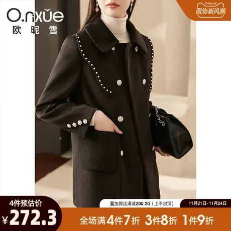 欧昵雪2023冬季新款翻领双排扣黑色厚毛呢外套女长袖宽松呢子大衣图片