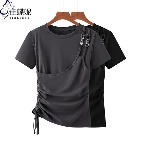 夏季新款韩版圆领抽绳中长款修身纯棉纯色金属感短袖体恤上衣女装商品大图