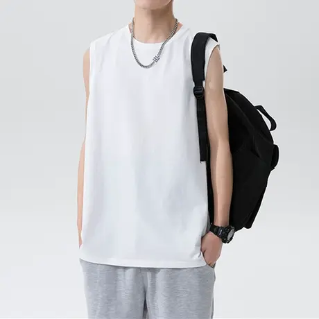 无袖背心男士夏季潮牌纯棉健身运动坎肩衣服打底男装白色短袖t恤商品大图
