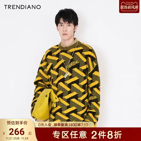 TRENDIANO官方潮牌秋冬男装时尚3D感几何提花针织衫圆领套头毛衣商品大图