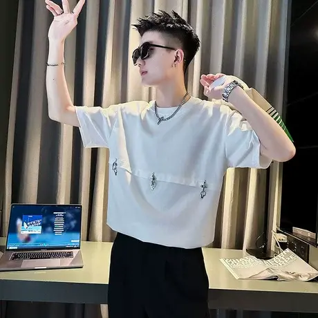 重磅美式潮牌夏季短袖t恤男拼接设计潮男痞帅发型师夜店半袖上衣商品大图