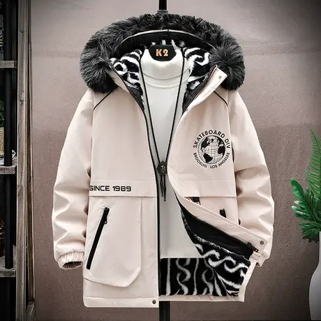 冬季加绒加厚男士棉衣潮流帅气外套青少年学生连帽工装中长款棉袄图片