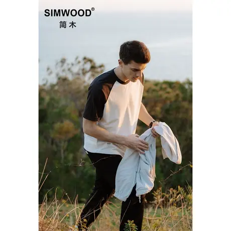 Simwood简木男装【宽松版型】新品265g重磅插肩袖拼色圆领短袖T恤图片