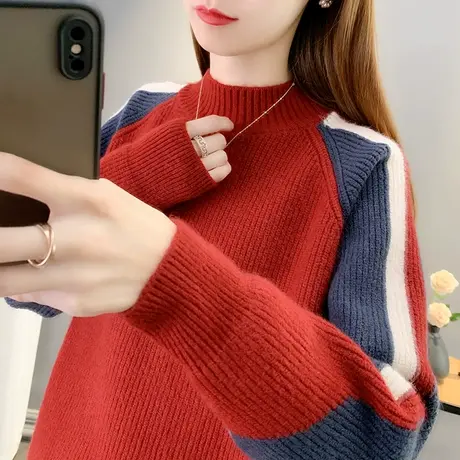 半高领长袖针织衫女2023春秋装新款韩版宽松拼色套头毛衣打底上衣商品大图