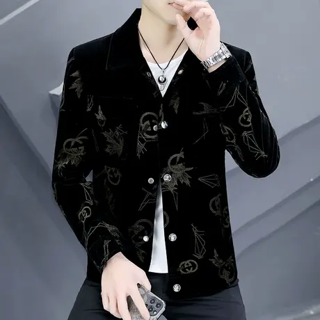 灯芯绒外套男士潮流高端轻熟风上衣翻领男装青年痞帅休闲印花夹克商品大图