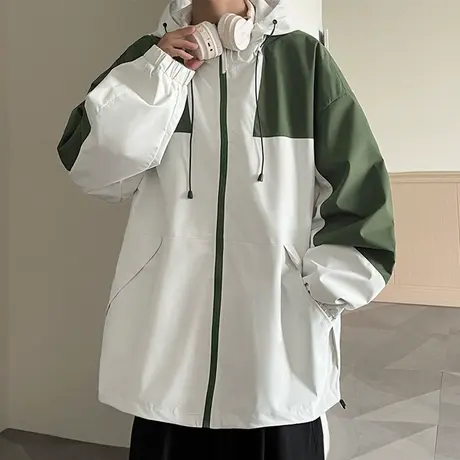 男士外套春秋款撞色拼接连帽夹克男潮牌青少年休闲宽松工装冲锋衣商品大图