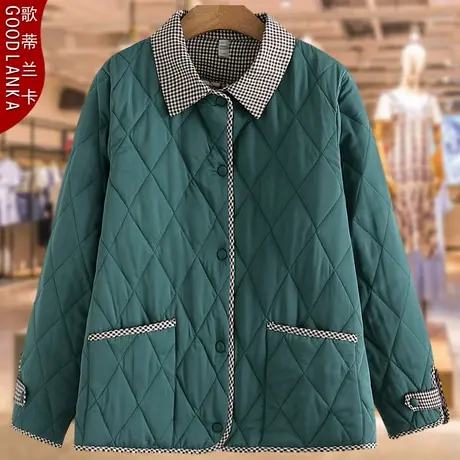 加肥加大码中年妈妈秋冬棉袄时尚翻领拼色轻薄款夹棉羽绒棉衣外套商品大图