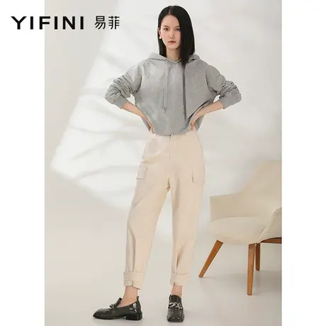 Yifini/易菲白色休闲高腰小脚裤女显瘦直筒工装裤束脚裤秋新商品大图