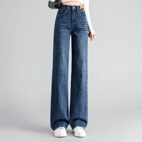 时尚气质牛仔裤2023年秋冬新款女高腰直筒百搭通勤复古蓝厚款长裤图片