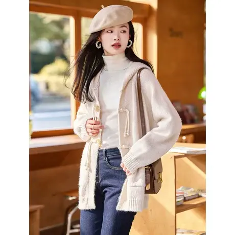 时尚气质毛衣2023年秋款女装百搭温柔长袖连帽针织中长款开衫上衣图片
