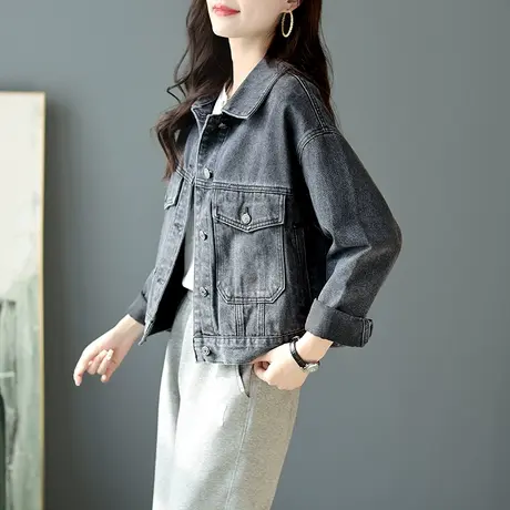 宝诗黎纯色落肩春季时尚牛仔服上衣女2024新款休闲百搭洋气短外套商品大图