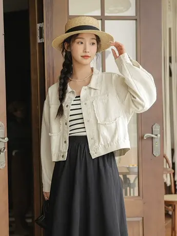 短款牛仔外套女宽松春夏百搭设计感小众杏色夹克小个子上衣外搭潮商品大图