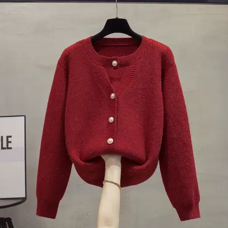 亮丝挂脖v领针织开衫女2023秋装新款宽松外穿上衣外搭毛衣外套潮商品大图