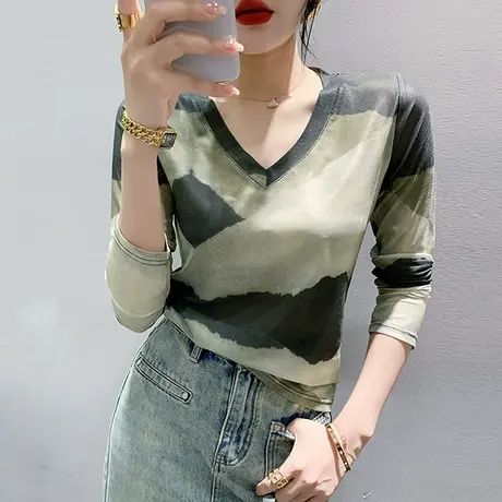 时尚晕染印花T恤女长袖夏装气质薄款网纱防晒上衣性感修身小衫潮图片