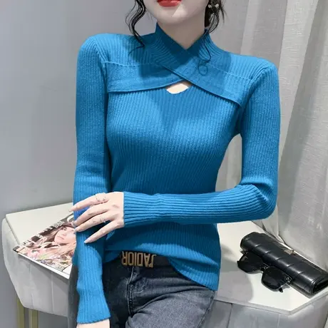 半高领打底衫女士春秋洋气性感镂空针织毛衣内搭修身显瘦长袖上衣图片