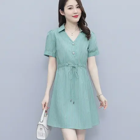 别致减龄条纹衬衫女小个子2023年夏季v领收腰显瘦气质中长款裙子商品大图