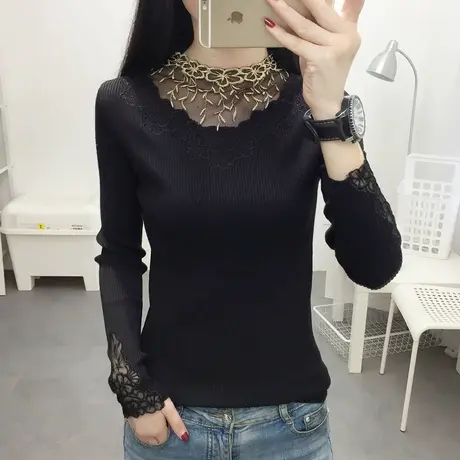 秋冬新款半高领蕾丝针织打底衫修身长袖内搭纯色气质套头毛衣女潮图片