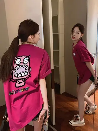 中长款短袖t恤女2024新款夏季美式复古宽松大版下衣失踪纯棉上衣商品大图