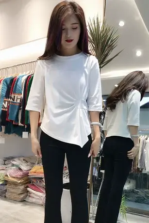 白色中袖t恤女装春装2023年新款设计感不规则下摆别致打底小上衣图片