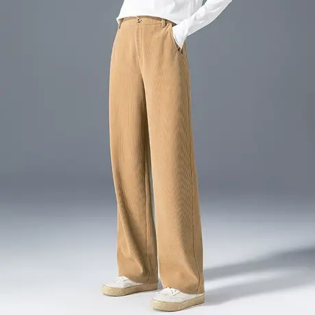 高腰灯芯绒阔腿裤女2024年新款条绒裤子秋冬女裤卡其色直筒裤长裤商品大图